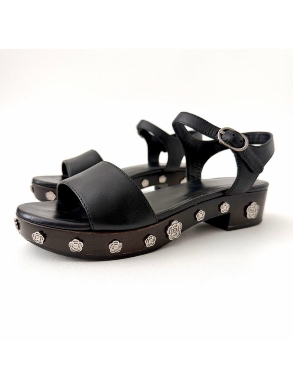 CHANEL |‎ Camellia Logo Wood Platform Clog Sandals Black Calfskin Ankle Strap 39